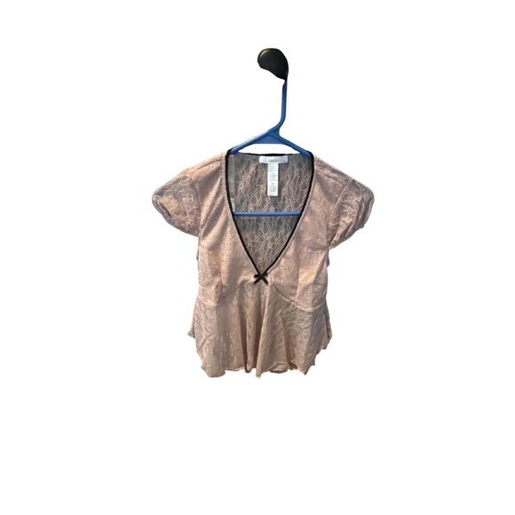 Full Tilt Tops - FULL TILT Pink Lace Peplum Babydoll Y2K Top Short Sleeve V Neck Bow Detail XS